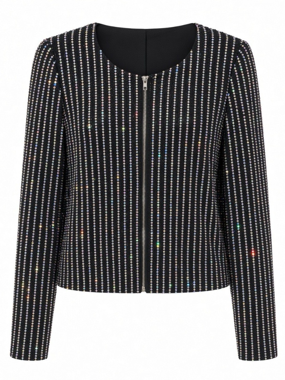 Black Cropped Rhinestone Zip Jacket Rainbow Stripe Evening size large